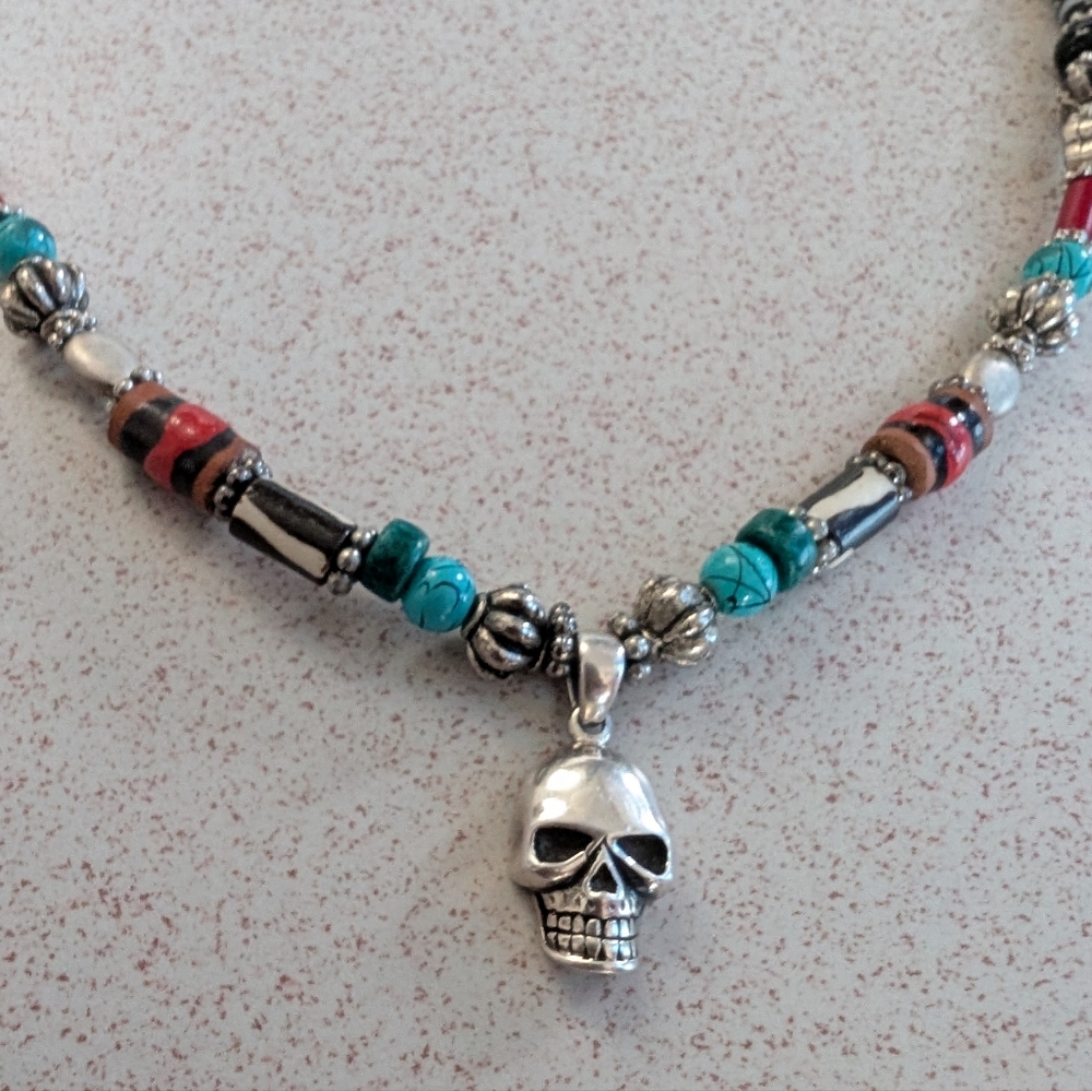 925 STERLING SILVER SMILING SKULL PENDANT TRIBAL NECKLACE